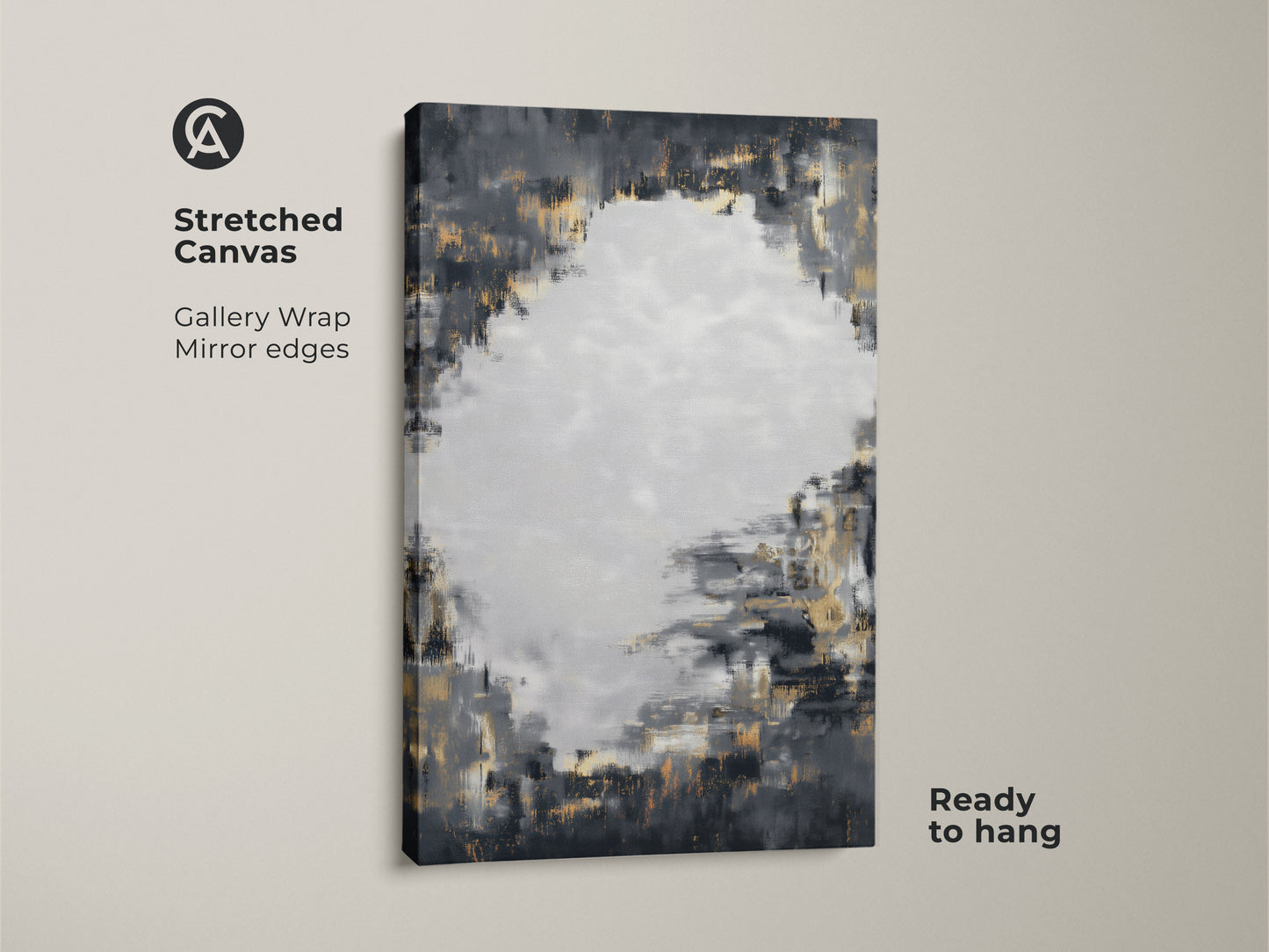 Stretched canvas print featuring charcoal grey and gold abstract art. This textured brushstroke artwork has gallery wrapped edges. The modern abstract painting is ready to hang. It brings a contemporary feel to any space with its neutral palette and metallic accents.