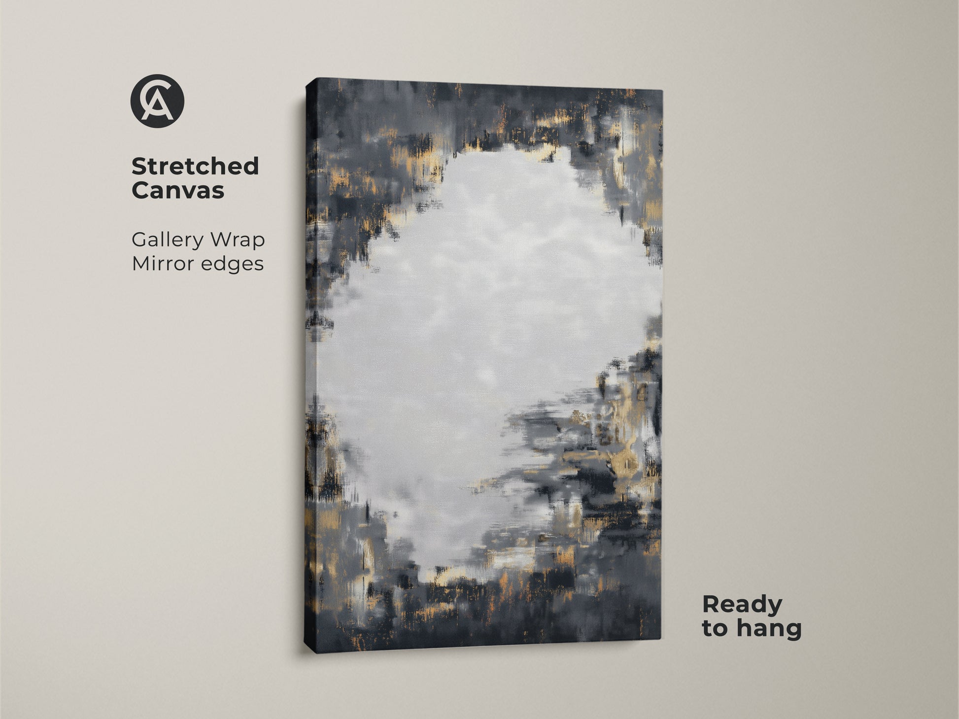Stretched canvas print featuring charcoal grey and gold abstract art. This textured brushstroke artwork has gallery wrapped edges. The modern abstract painting is ready to hang. It brings a contemporary feel to any space with its neutral palette and metallic accents.