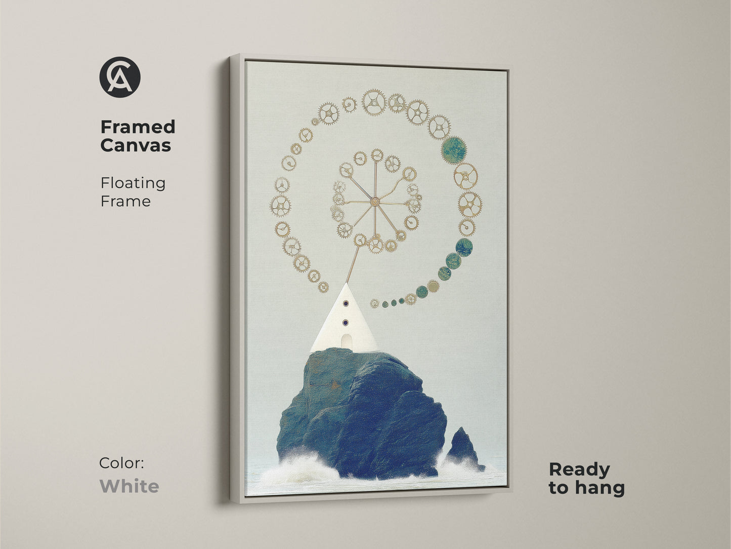 A steampunk lighthouse framed canvas in white. This surreal nautical artwork features gears and gold navy teal colors. The floating frame offers a clean look.  It is ready to hang. A unique wall decor piece perfect for any room.
