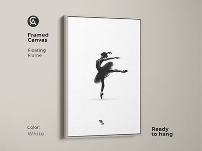 Framed canvas featuring minimalist ballerina artwork with a white floating frame. Black and white dancer print is elegant ballet pose wall art. It is ready to hang. Modern monochrome artwork is a perfect bedroom wall decor.