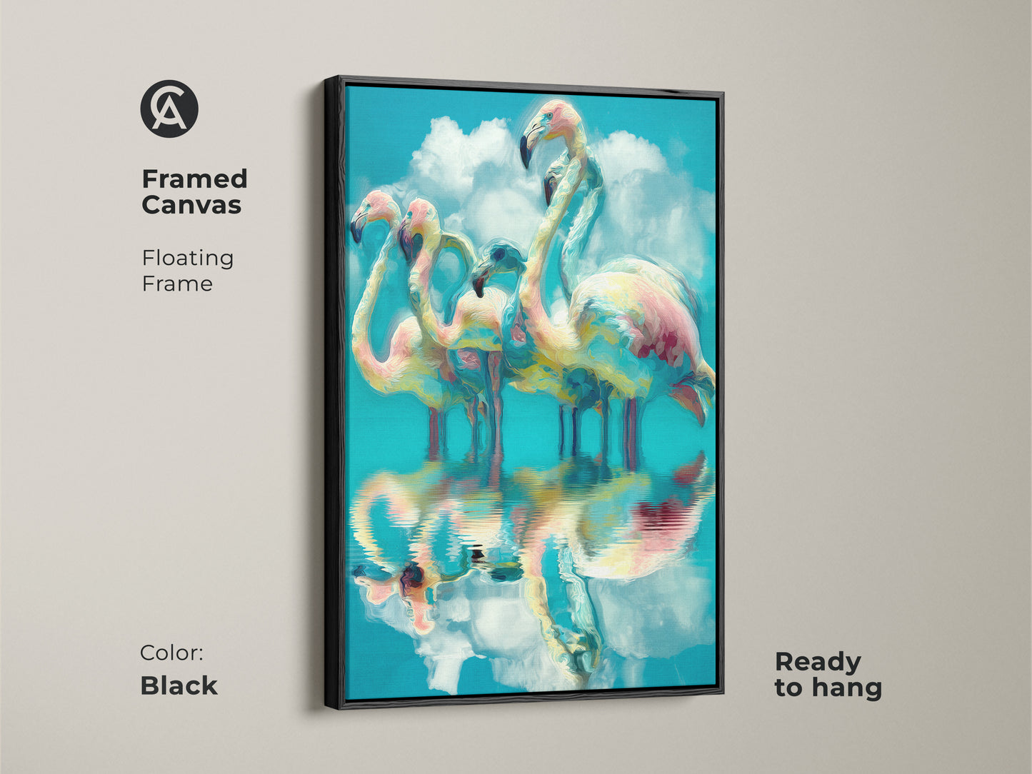 Framed canvas of abstract flamingos with a black floating frame. This tropical bird wall art is ready to hang. The artwork enhances bedroom decor. Perfect for eclectic style lovers.