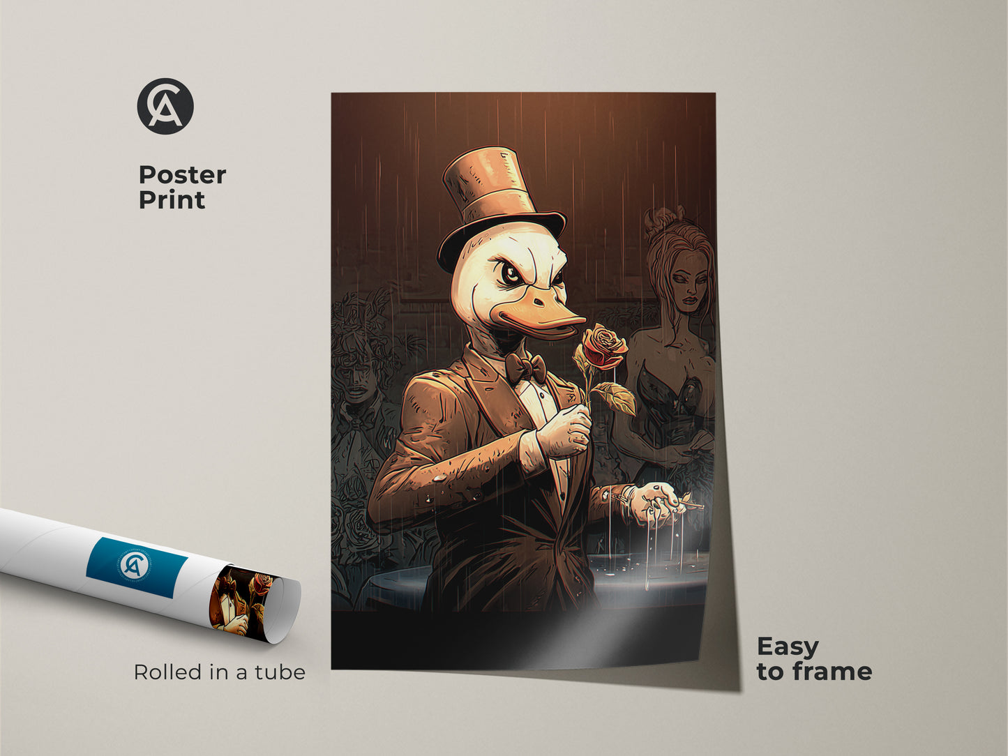 The poster print shows a surreal duck man art print. This artistic animal wall art is easy to frame. The rolled canvas shows a top hat duck artwork. It's a unique gift for a collector.