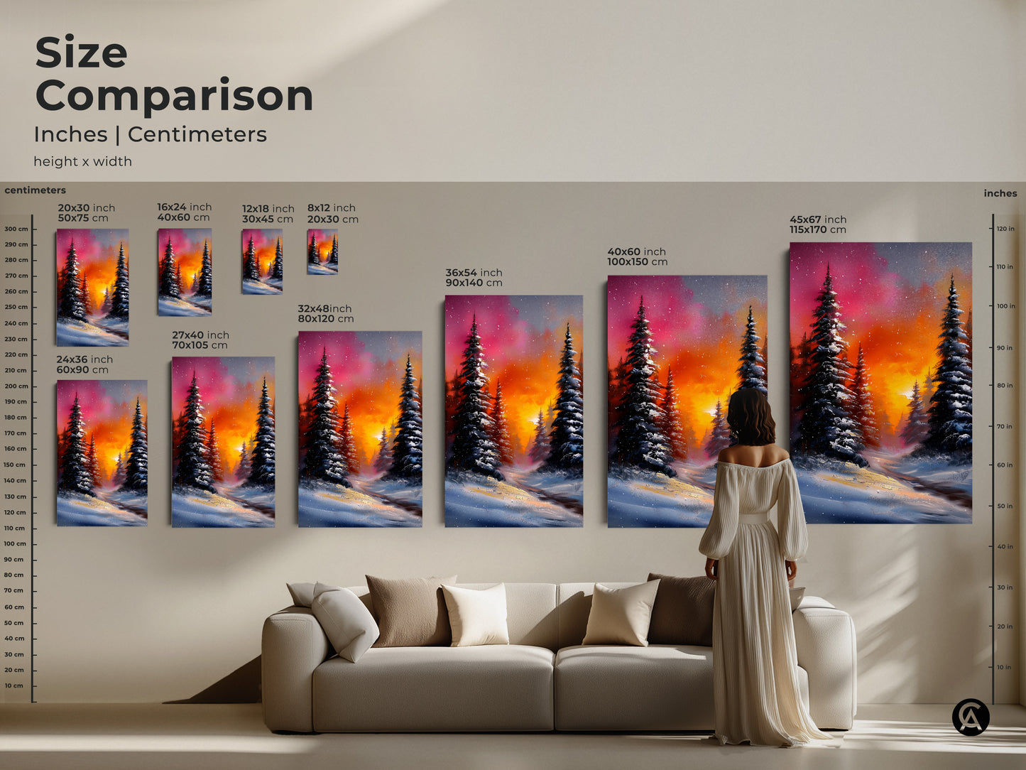Size comparison of winter landscape prints in inches and centimeters. Features various sizes of canvas and poster artwork displayed in a living room setting. See how the art fits above a sofa. Great for home decor planning.