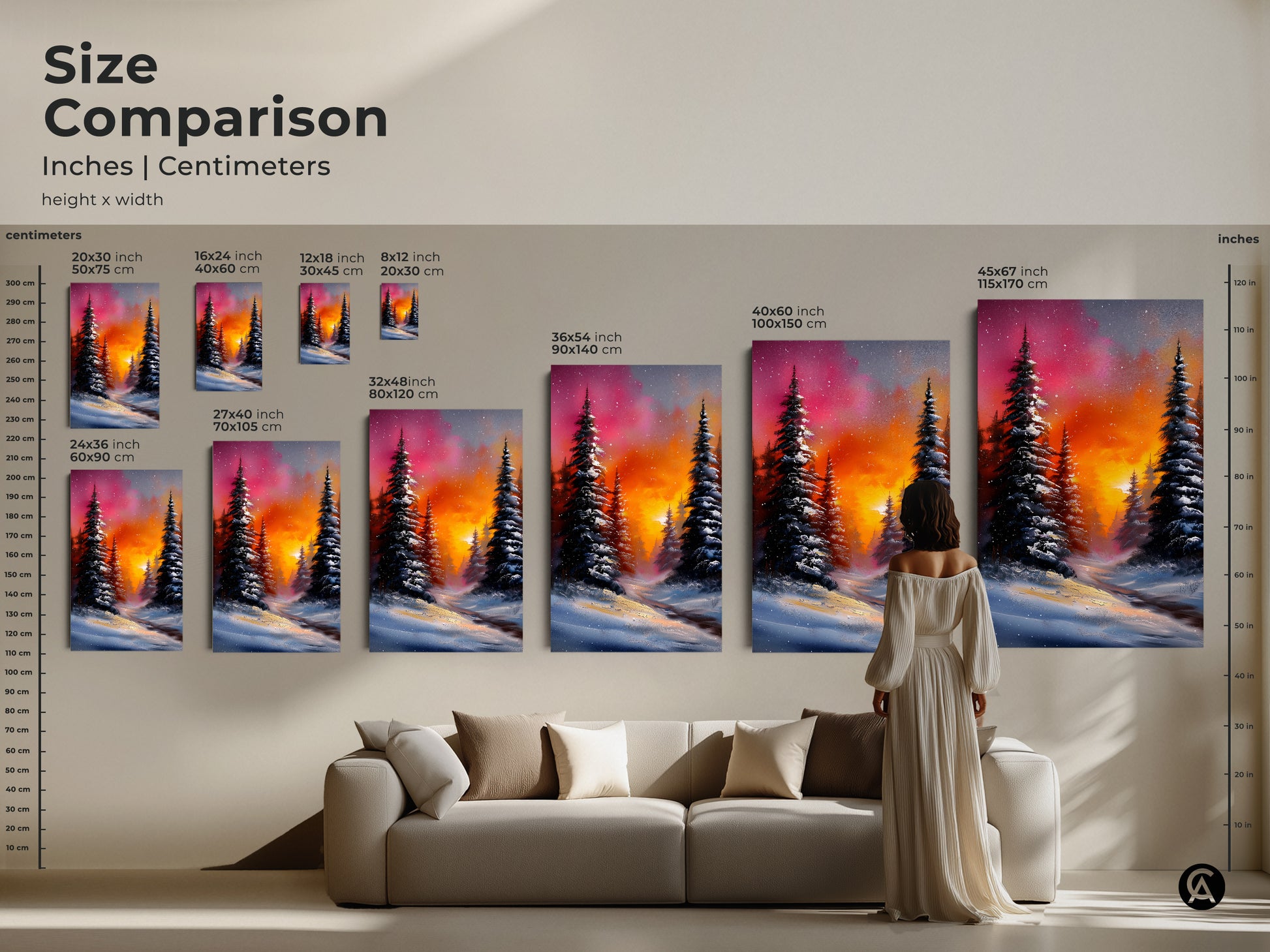 Size comparison of winter landscape prints in inches and centimeters. Features various sizes of canvas and poster artwork displayed in a living room setting. See how the art fits above a sofa. Great for home decor planning.