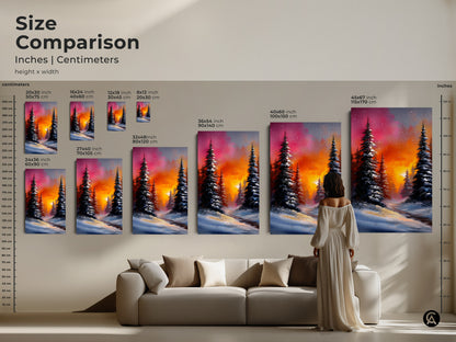 Size comparison of winter landscape prints in inches and centimeters. Features various sizes of canvas and poster artwork displayed in a living room setting. See how the art fits above a sofa. Great for home decor planning.