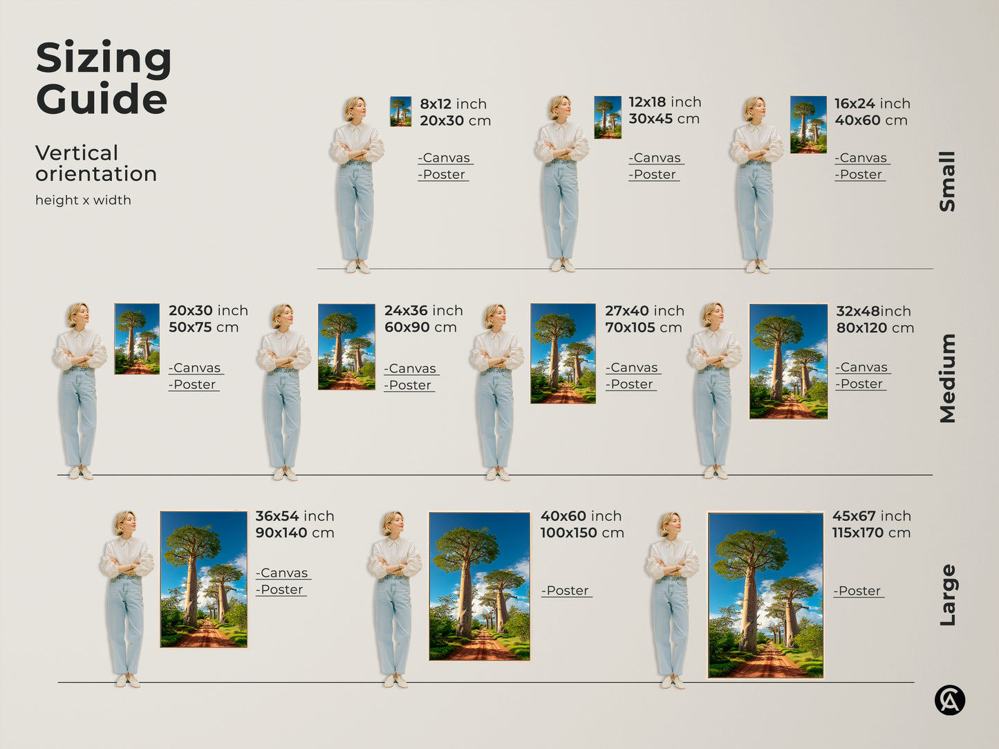 Sizing guide for the boho Baobab tree African landscape. Vertical orientation with various height and width options. Available as canvas or poster. This nature artwork features a dirt road leading to Baobab trees under a blue sky. 