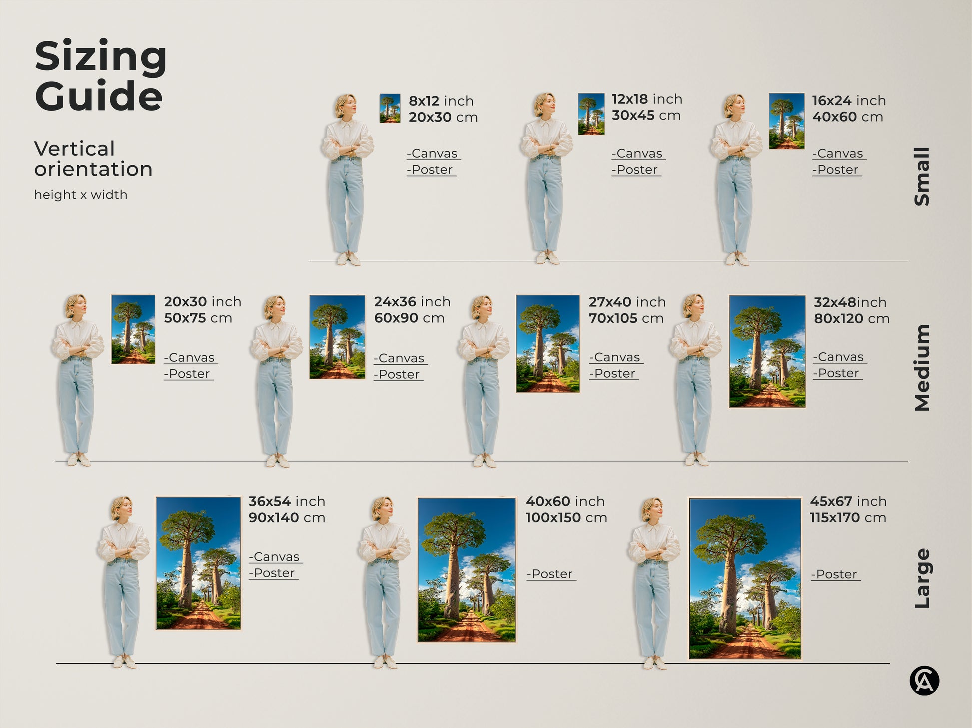 Sizing guide for the boho Baobab tree African landscape. Vertical orientation with various height and width options. Available as canvas or poster. This nature artwork features a dirt road leading to Baobab trees under a blue sky. 
