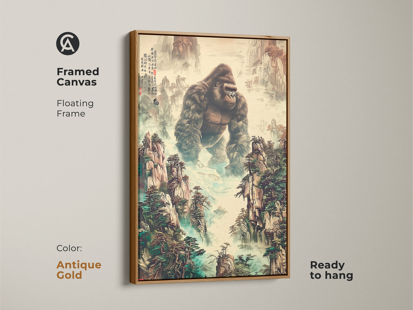This framed canvas features a floating frame. It's a traditional Chinese art print. It features a gorilla in a mountain landscape. It is ready to hang in an antique gold frame. The wildlife enthusiast gift displays earth tones and deep greens. It's unique animal artwork.