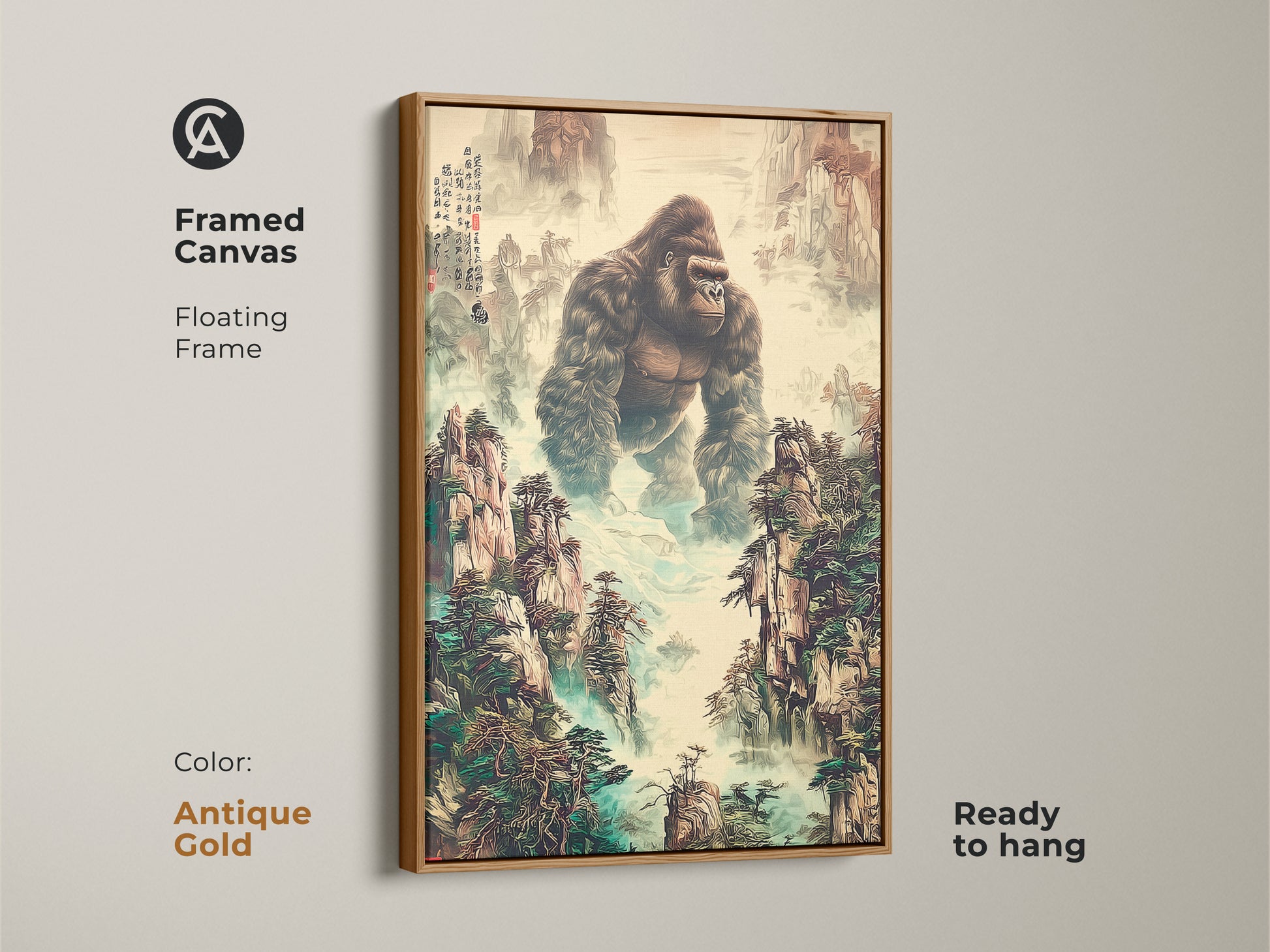 This framed canvas features a floating frame. It's a traditional Chinese art print. It features a gorilla in a mountain landscape. It is ready to hang in an antique gold frame. The wildlife enthusiast gift displays earth tones and deep greens. It's unique animal artwork.