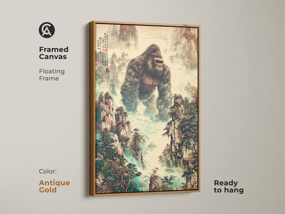 This framed canvas features a floating frame. It's a traditional Chinese art print. It features a gorilla in a mountain landscape. It is ready to hang in an antique gold frame. The wildlife enthusiast gift displays earth tones and deep greens. It's unique animal artwork.