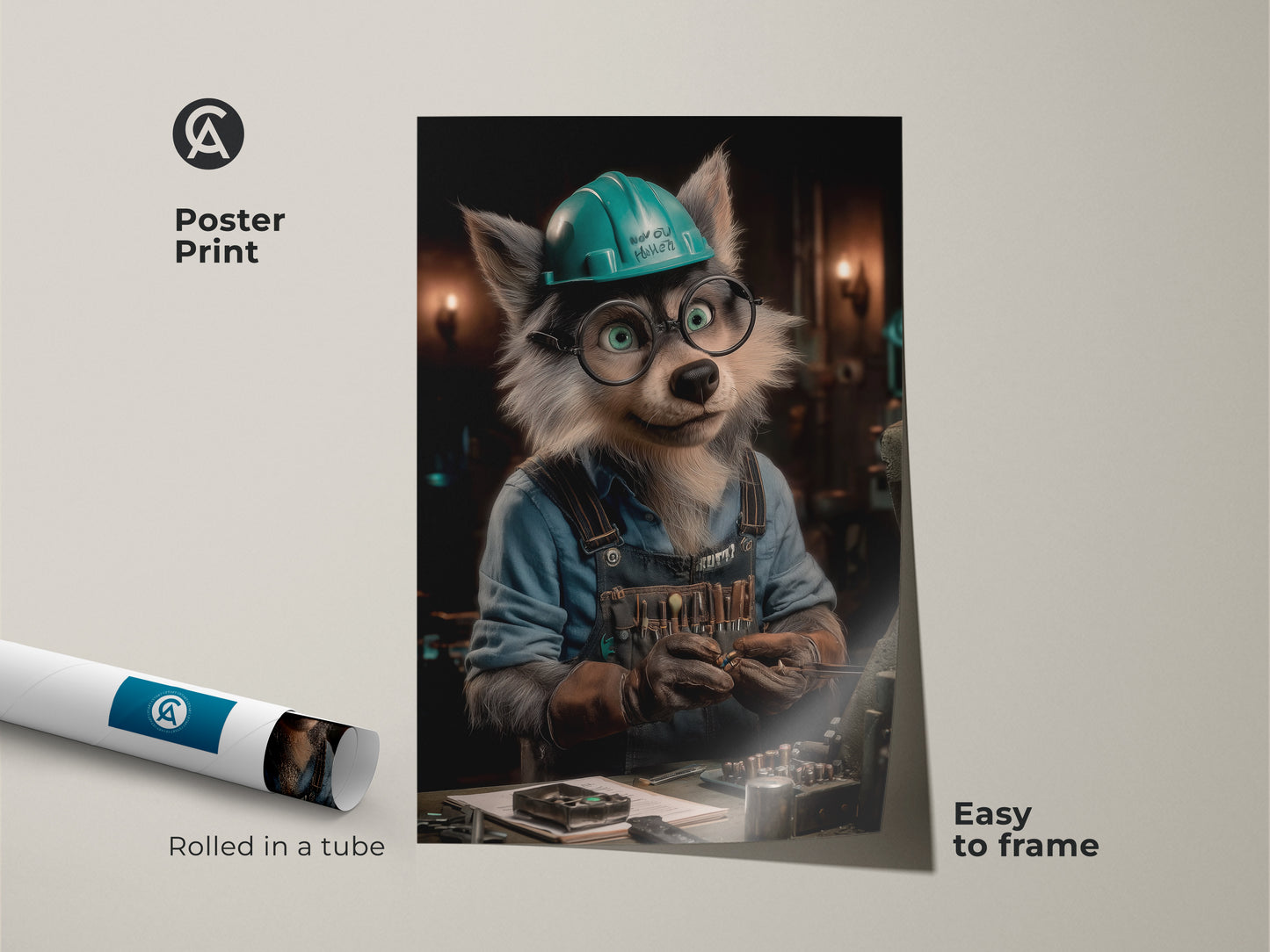 Framed wolf mechanic canvas art with black floating frame. Ready to hang the artwork features a funny wolf character in a teal hard hat. Perfect wall decor for a mechanic's workshop. A unique gift idea.