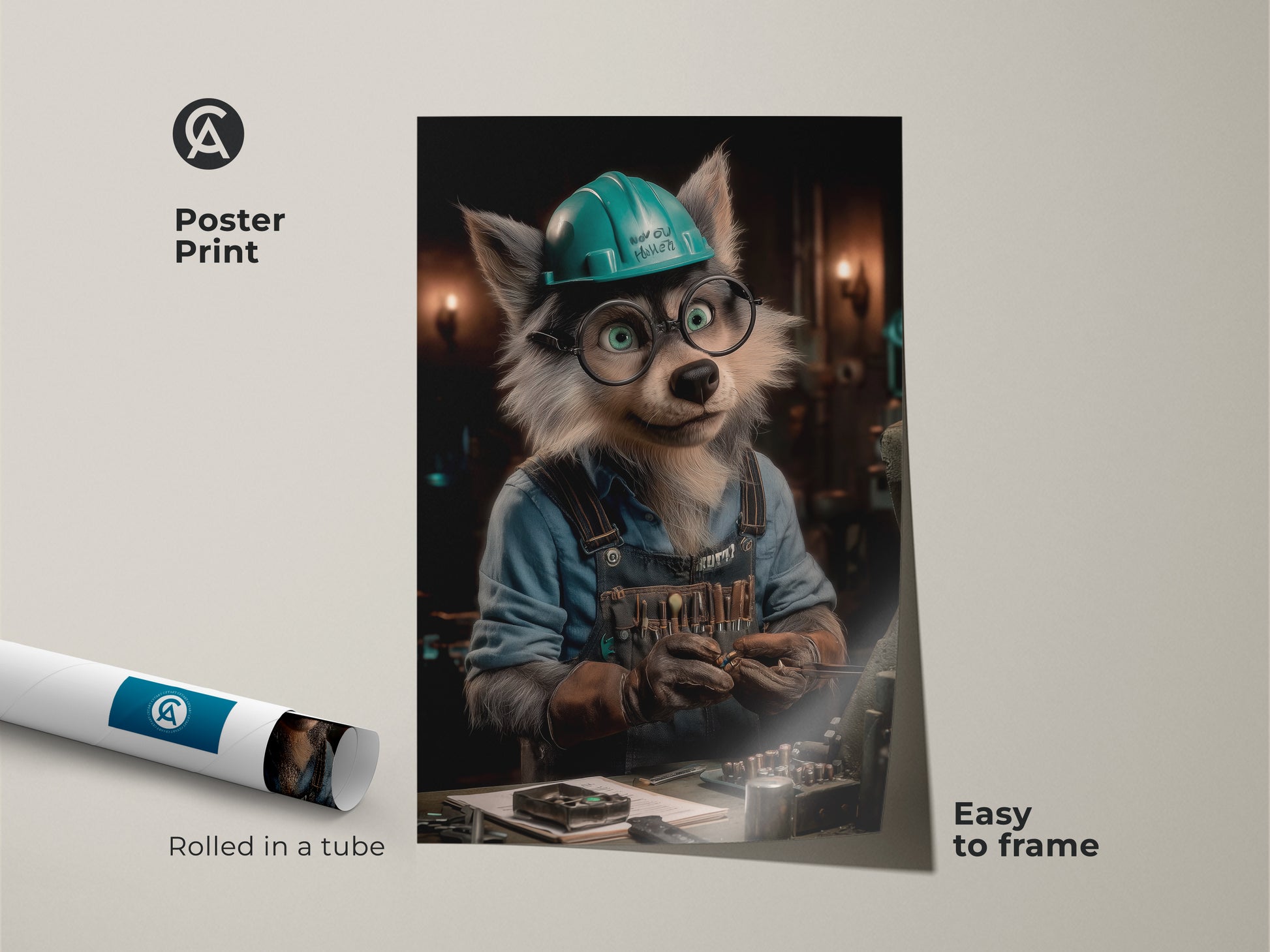 Framed wolf mechanic canvas art with black floating frame. Ready to hang the artwork features a funny wolf character in a teal hard hat. Perfect wall decor for a mechanic's workshop. A unique gift idea.