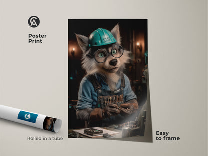 Framed wolf mechanic canvas art with black floating frame. Ready to hang the artwork features a funny wolf character in a teal hard hat. Perfect wall decor for a mechanic's workshop. A unique gift idea.