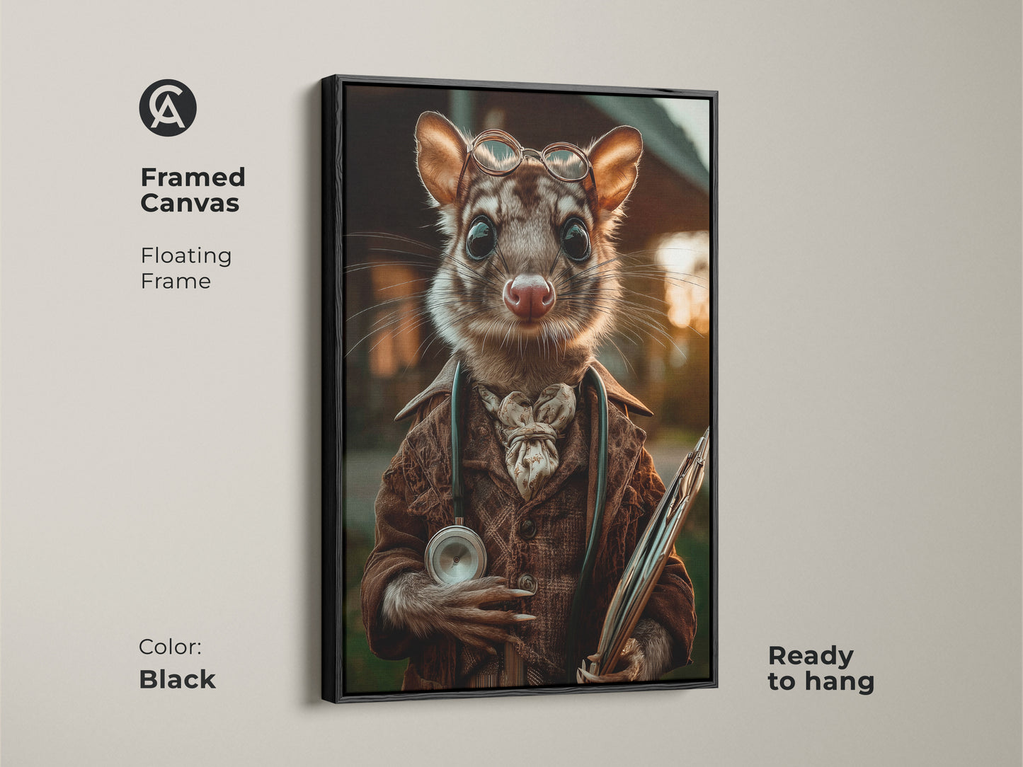 This framed canvas art presents a possum doctor in sepia tones with a black floating frame. The surreal animal portrait features a possum wearing glasses and a coat. He is holding medical instruments. Ready to hang this art adds eclectic charm to any office or study. It’s a unique gift for animal lovers.