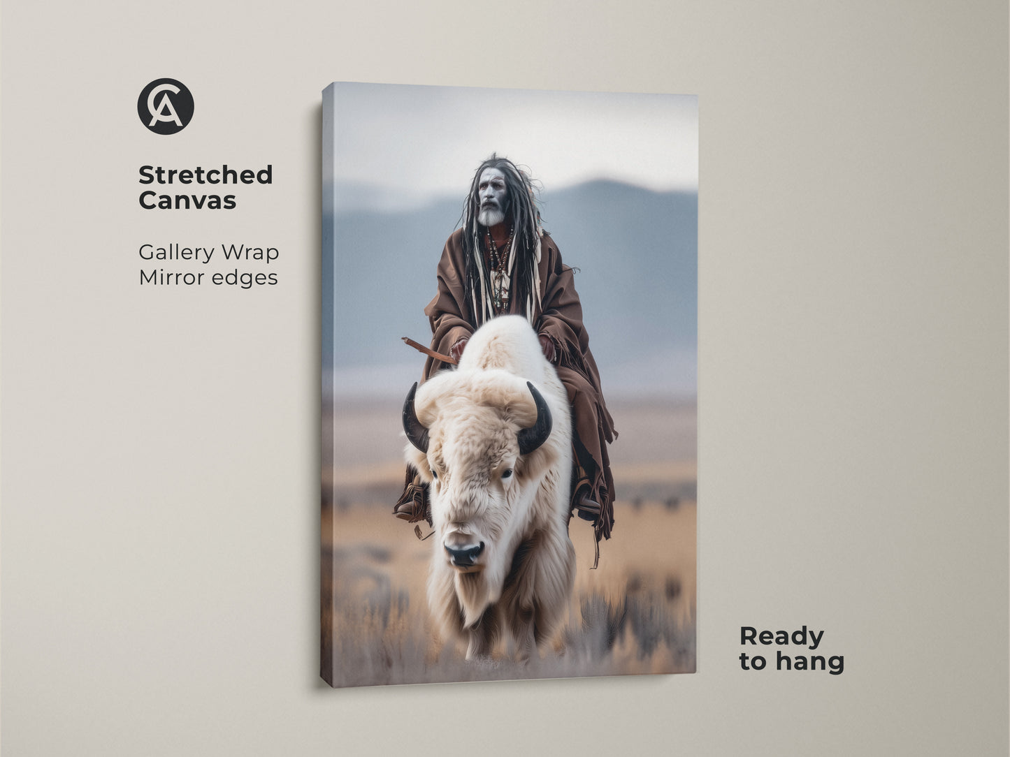 Elevate your home decor with this gallery-wrapped canvas art. It shows a Native American on a white buffalo. The artwork features mirror edges. It is ready to hang. This unique piece blends cultural artistry with modern presentation.