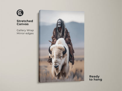 Elevate your home decor with this gallery-wrapped canvas art. It shows a Native American on a white buffalo. The artwork features mirror edges. It is ready to hang. This unique piece blends cultural artistry with modern presentation.