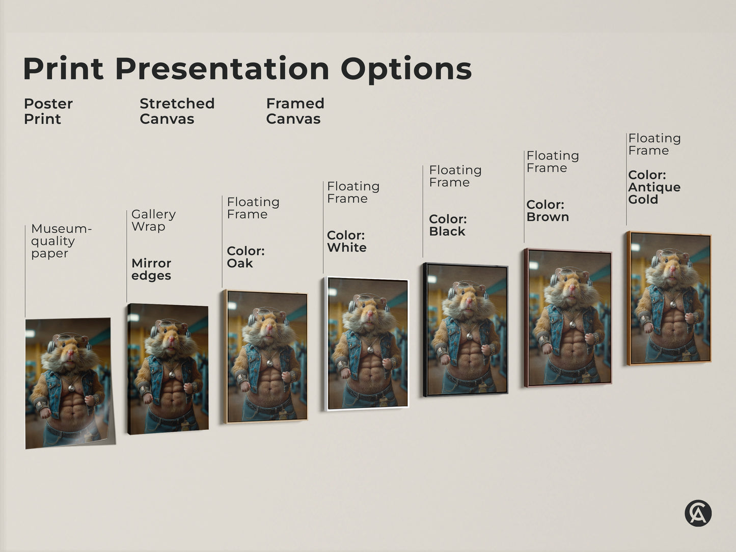 Print presentation options showcase a funny bodybuilder hamster artwork. Choose from poster prints to stretched and framed canvases. Museum-quality paper and floating frames are available. This unique art is perfect for adding humor to your office or gym.