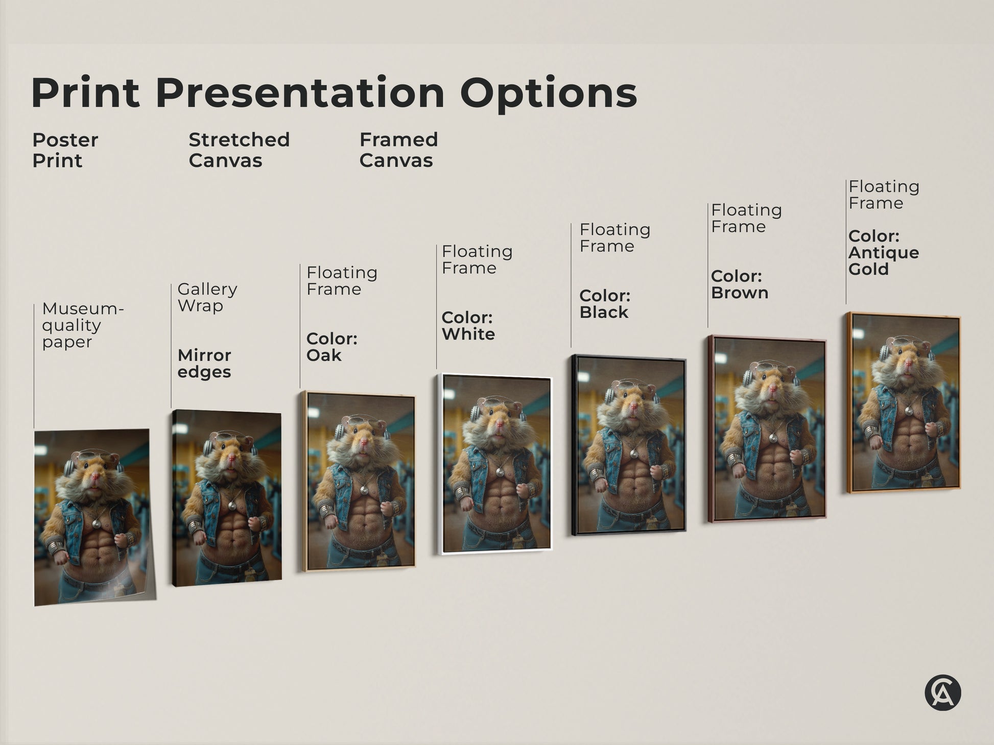 Print presentation options showcase a funny bodybuilder hamster artwork. Choose from poster prints to stretched and framed canvases. Museum-quality paper and floating frames are available. This unique art is perfect for adding humor to your office or gym.