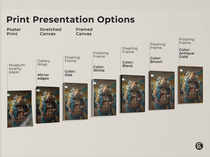 Print presentation options showcase a funny bodybuilder hamster artwork. Choose from poster prints to stretched and framed canvases. Museum-quality paper and floating frames are available. This unique art is perfect for adding humor to your office or gym.