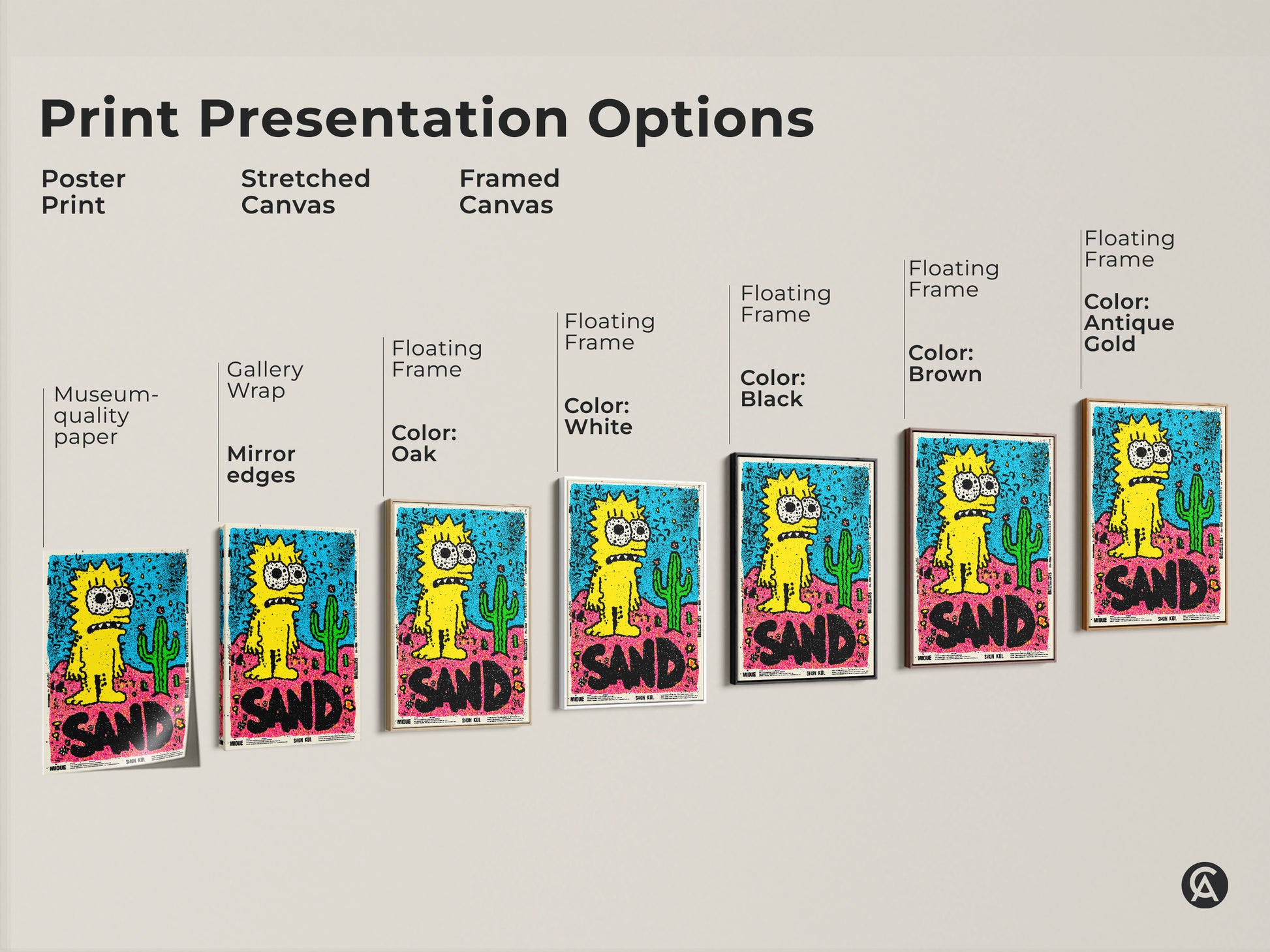 Print Presentation Options for Simpsons Inspired Art. Choose from poster stretched canvas or framed canvas. Various frame colors are available to match your style and decor.