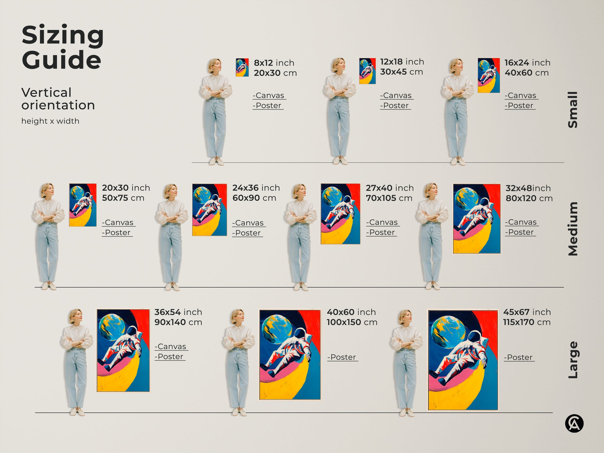 Sizing guide showcases various canvas and poster sizes. Modern art depicts an astronaut and planet in blue red and yellow. Find the perfect size for unique space artwork.