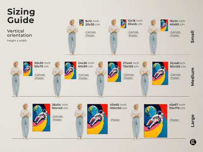 Sizing guide showcases various canvas and poster sizes. Modern art depicts an astronaut and planet in blue red and yellow. Find the perfect size for unique space artwork.