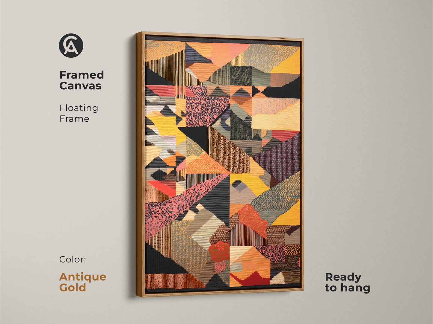 Antique gold framed canvas featuring abstract geometric artwork. This mid-century modern art print is ready to hang. The yellow red and orange tones add an eclectic touch to any room. A unique housewarming gift for art lovers.