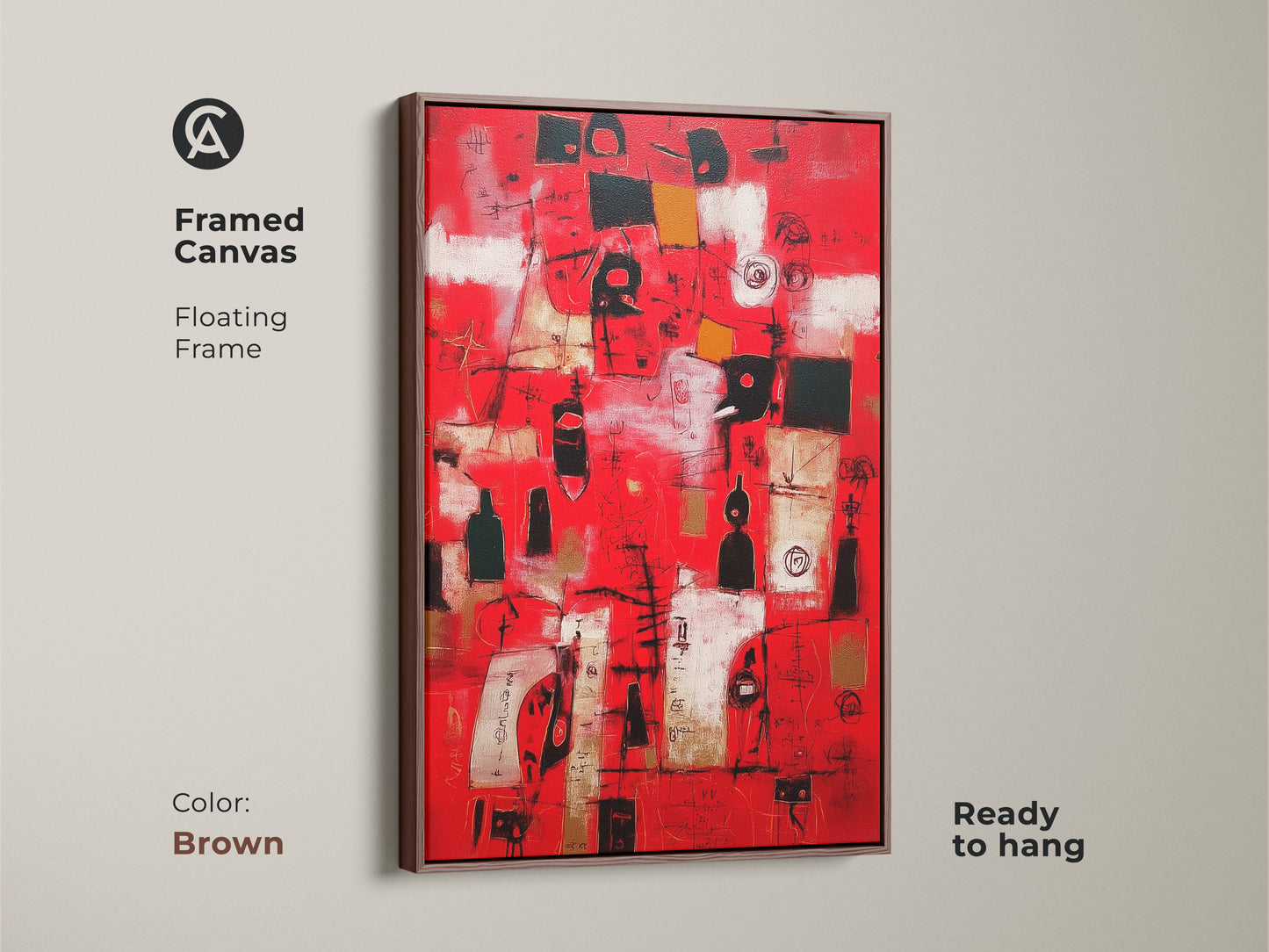 Framed canvas with a floating frame in brown. This abstract artwork is ready to hang. The red and brown art offers a contemporary touch. It’s perfect for modern interiors. The sleek frame enhances the overall aesthetic.