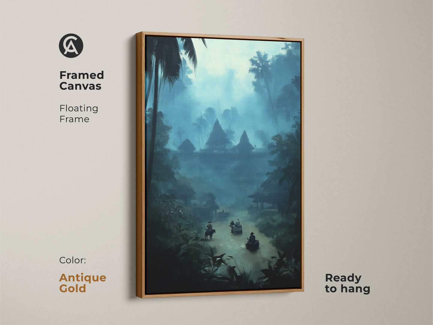 Framed canvas artwork in an antique gold floating frame. The misty blue jungle river art is ready to hang. The bohemian landscape canvas is a unique wall hanging. The deep teal wall decor is travel inspired. It captures the exotic village scene.