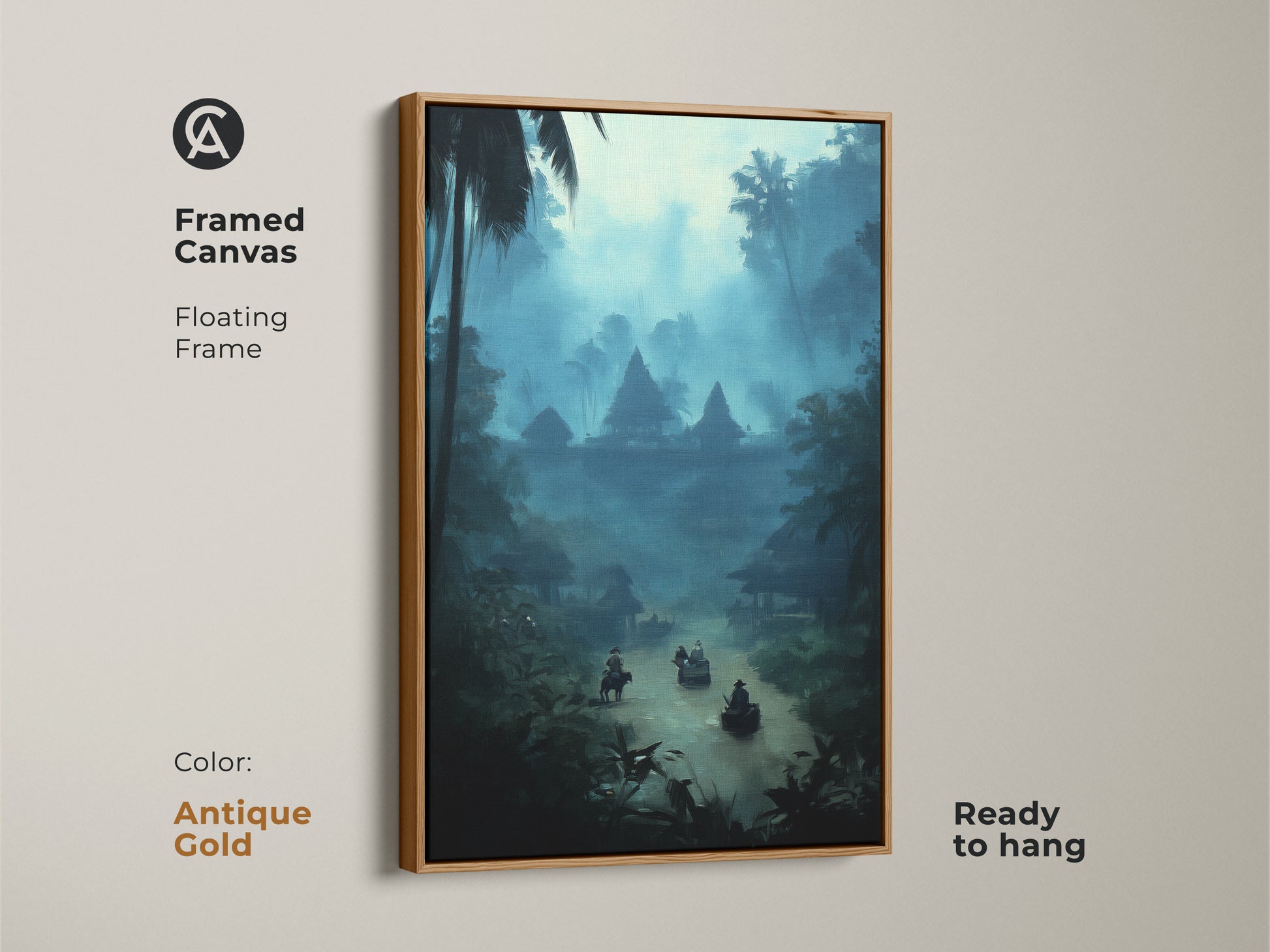 Framed canvas artwork in an antique gold floating frame. The misty blue jungle river art is ready to hang. The bohemian landscape canvas is a unique wall hanging. The deep teal wall decor is travel inspired. It captures the exotic village scene.