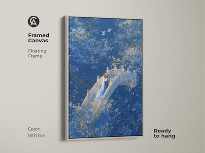 Framed Canvas: A Couple on Bridge Wall Art with a white floating frame. The Deep Blue Romantic Art showcases White Blossom elements. This Fantasy Nature Couple Art is ready to hang. A perfect Anniversary Gift for Lovers. Flying Doves Art adds peace and love.