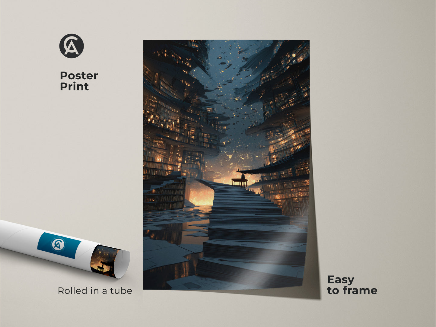 Poster print of a futuristic cityscape. The artwork showcases a bookshelf staircase fantasy decor. Rolled in a tube and easy to frame. Perfect for adding intellectual wall decor to your study room. The sci-fi architecture is printed on museum-quality paper.