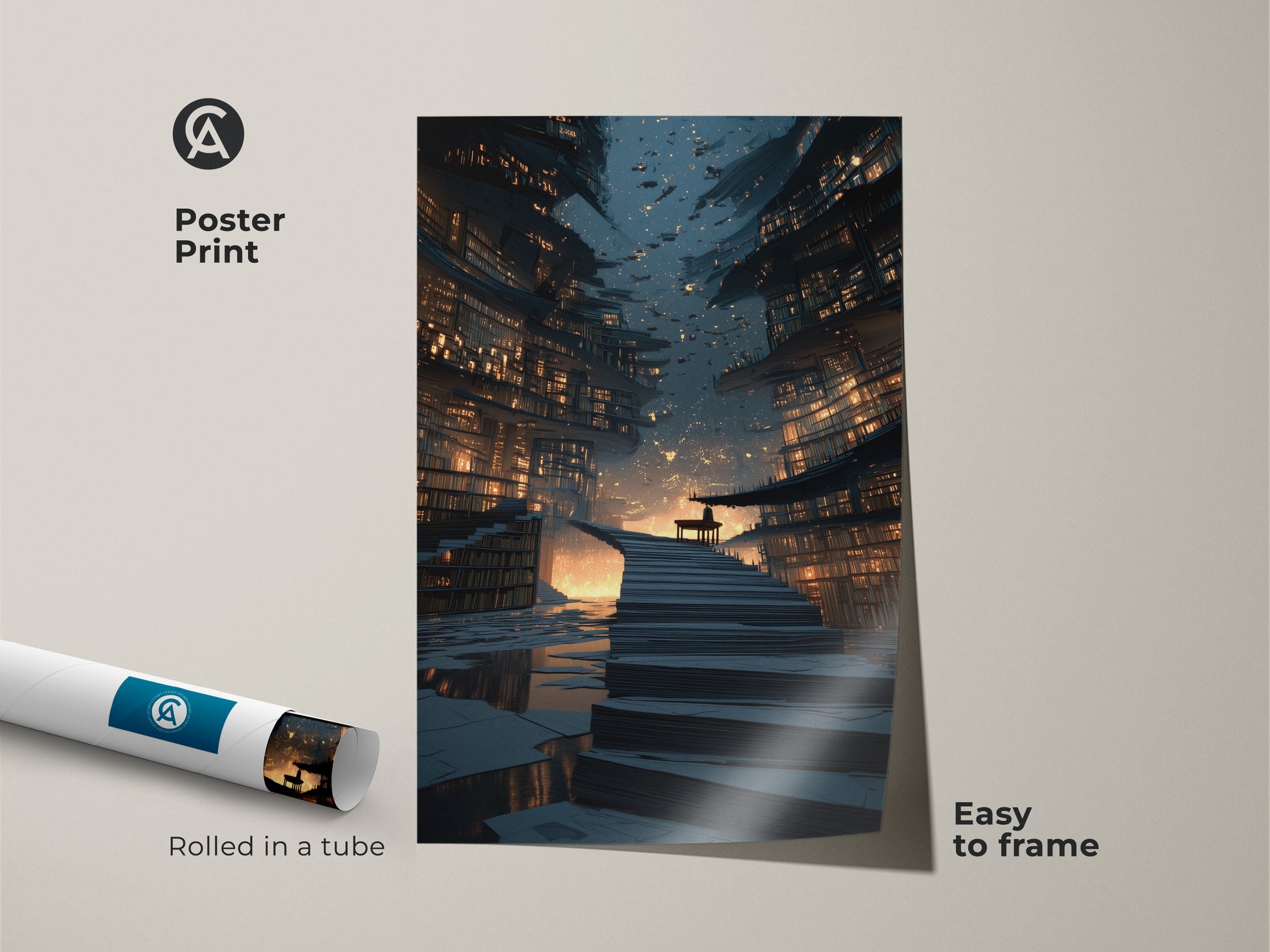 Poster print of a futuristic cityscape. The artwork showcases a bookshelf staircase fantasy decor. Rolled in a tube and easy to frame. Perfect for adding intellectual wall decor to your study room. The sci-fi architecture is printed on museum-quality paper.