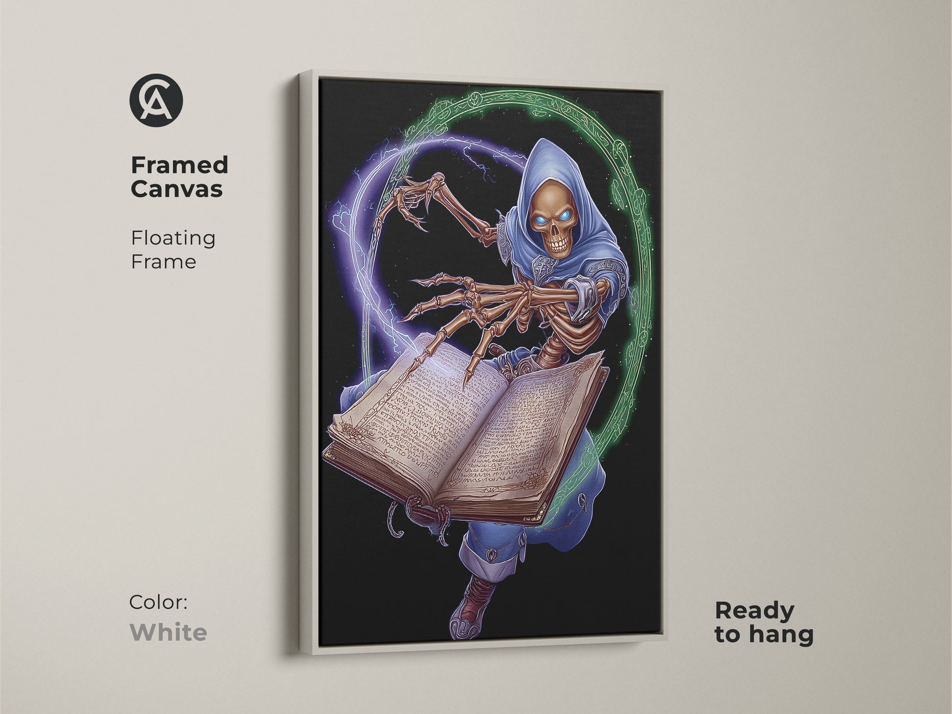 This framed canvas shows a skeleton wizard with a white floating frame. The dark fantasy artwork is ready to hang. The fantasy collector gift adds an arcane touch to any room. The mystical spell art is an ideal gift.