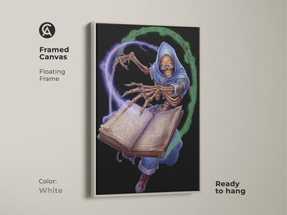 This framed canvas shows a skeleton wizard with a white floating frame. The dark fantasy artwork is ready to hang. The fantasy collector gift adds an arcane touch to any room. The mystical spell art is an ideal gift.