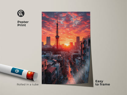 The Poster Print displays the Tokyo Tower. The crimson sunset creates a stunning urban photography art piece. This Japan travel print arrives rolled in a tube. Ready to frame this skyscraper skyline art easily. Elevate your contemporary home decor.