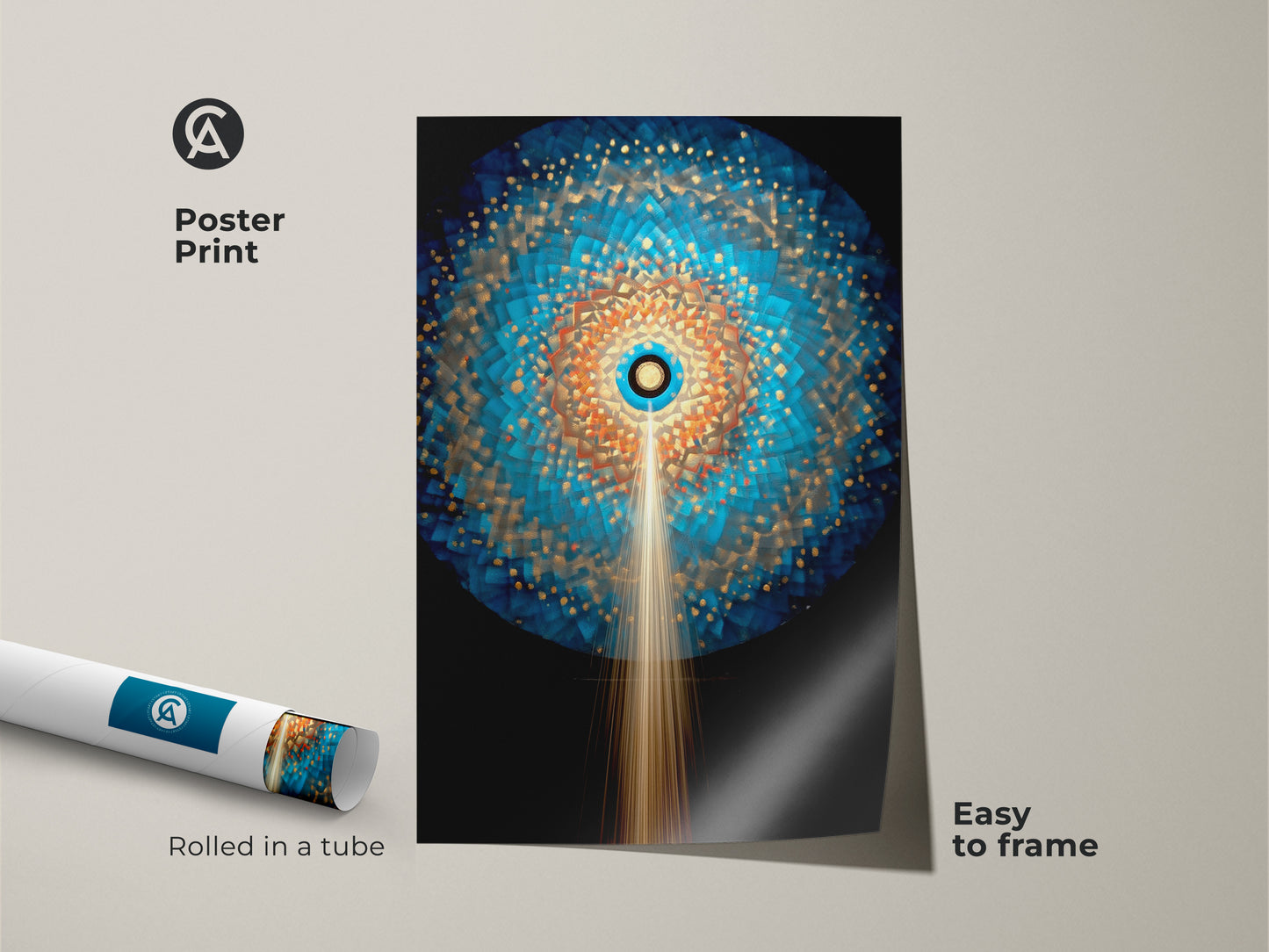 Poster print featuring a vibrant geometric abstract. The deep blue and gold sunburst mandala artwork is easy to frame. Rolled in a tube for protection this radial pattern art print will add a nice touch to your home.