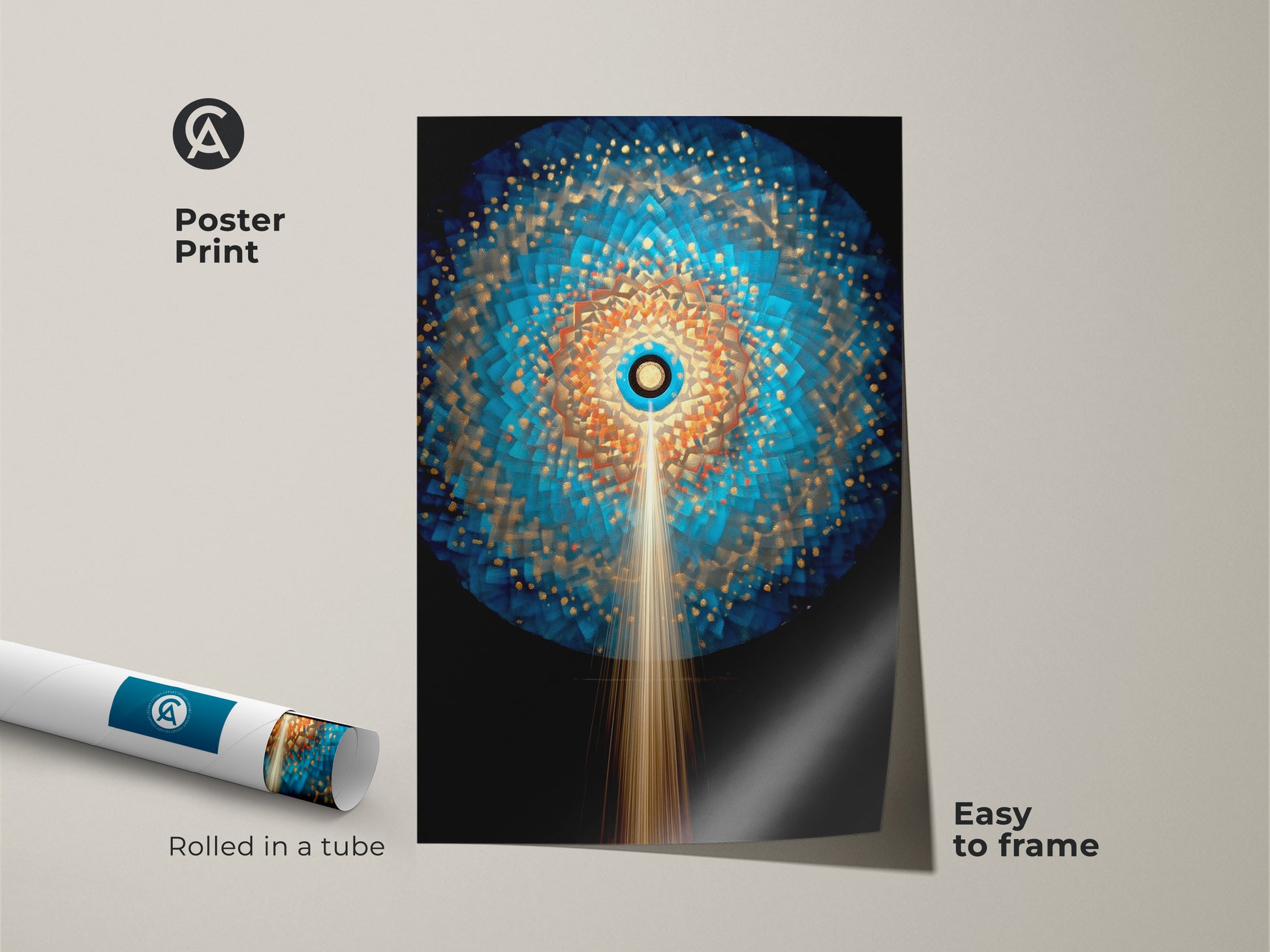Poster print featuring a vibrant geometric abstract. The deep blue and gold sunburst mandala artwork is easy to frame. Rolled in a tube for protection this radial pattern art print will add a nice touch to your home.