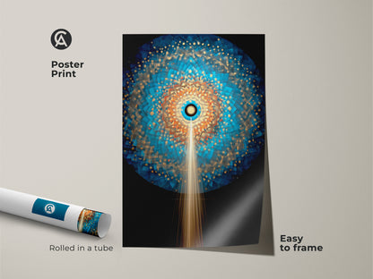 Poster print featuring a vibrant geometric abstract. The deep blue and gold sunburst mandala artwork is easy to frame. Rolled in a tube for protection this radial pattern art print will add a nice touch to your home.