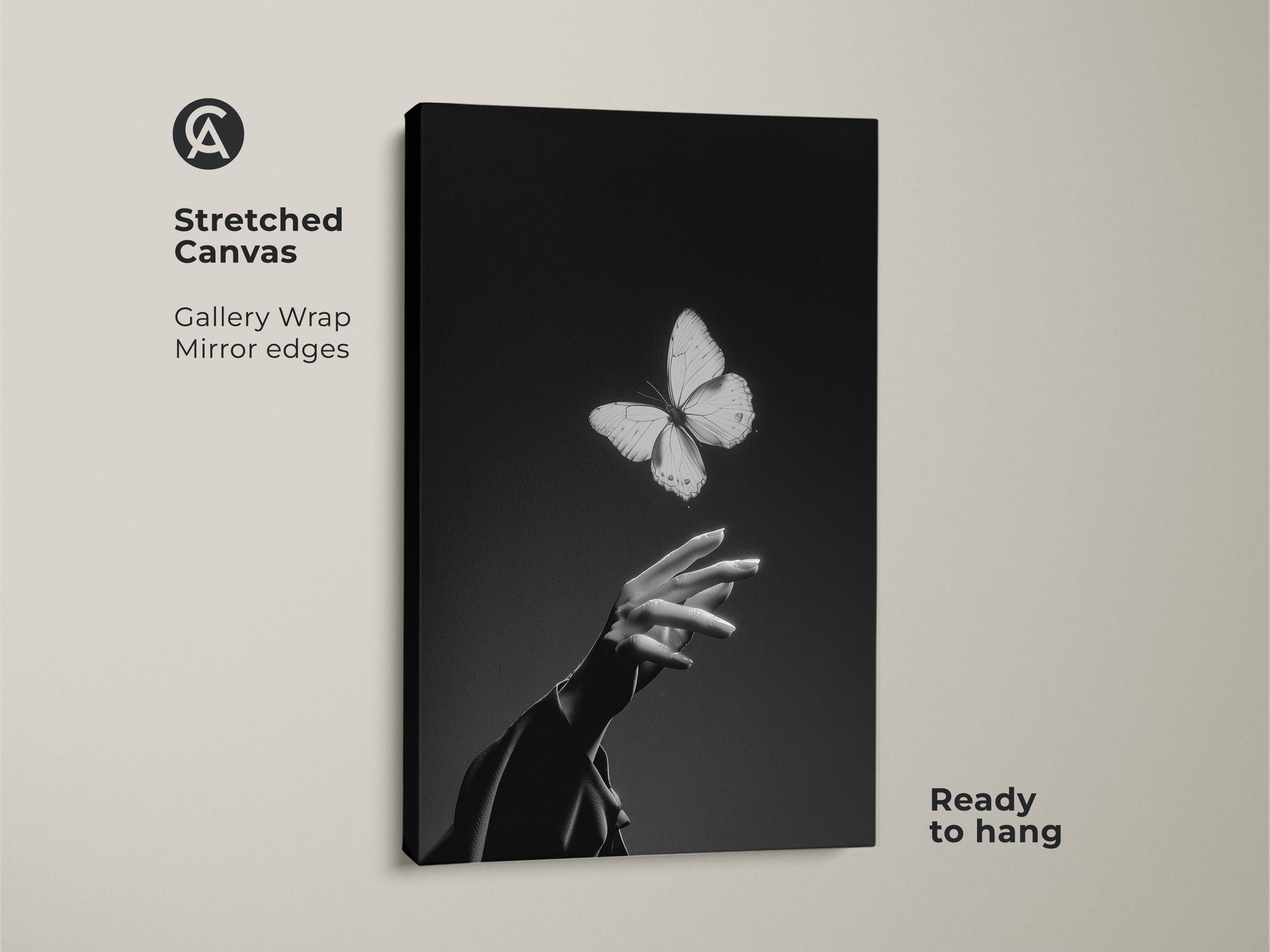 Stretched canvas gallery wrap of a monochrome butterfly art print. It features a minimalist hand. Black and white abstract art shows an insect and human touch. Ready to hang as contemporary bedroom decor. A nature lover gift
