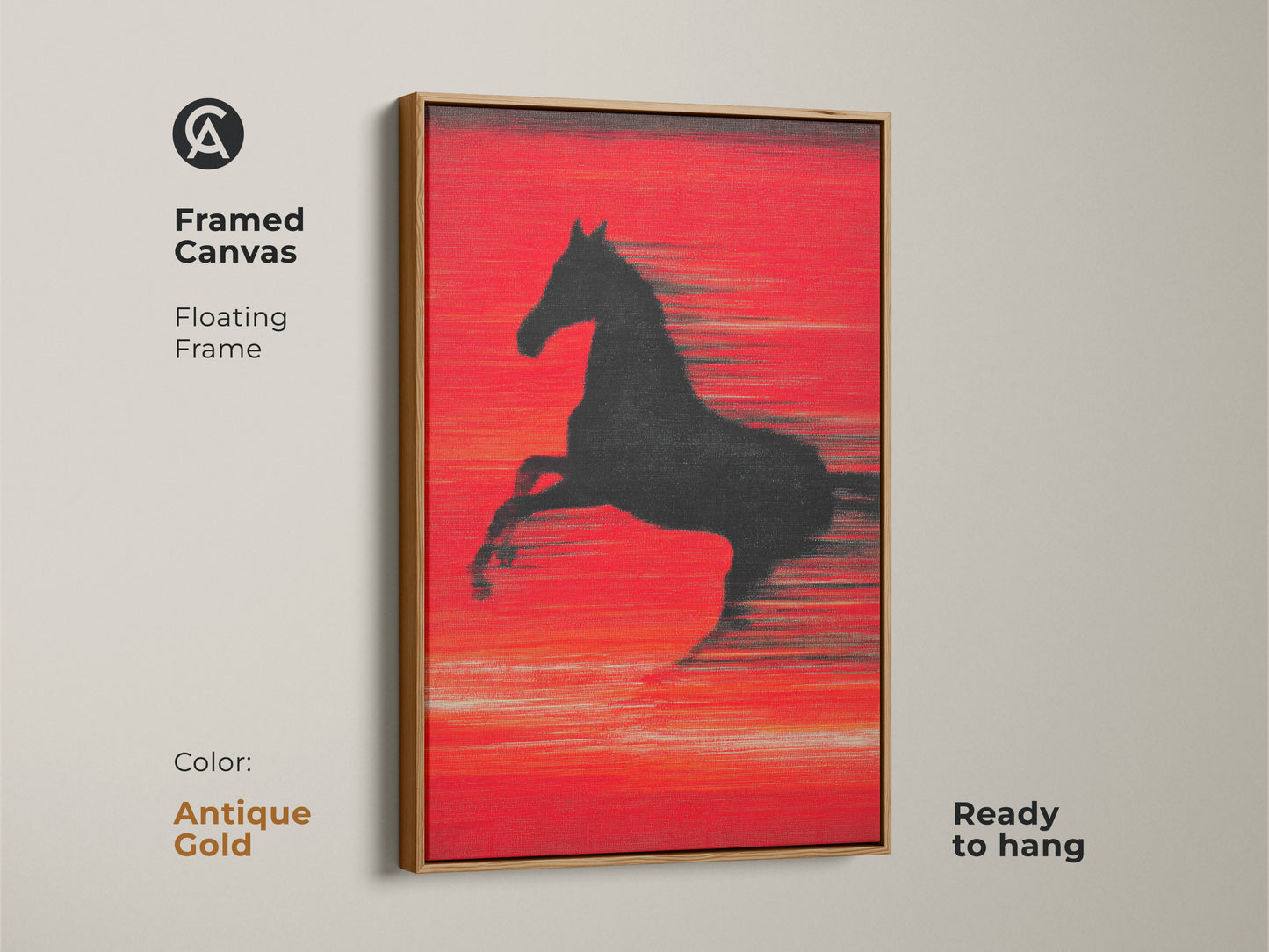 Framed canvas showcases an abstract horse with an antique gold floating frame. This crimson red wall art is ready to hang. It adds a powerful touch with its dynamic motion artwork. Ideal for modern abstract canvas decor in any room.