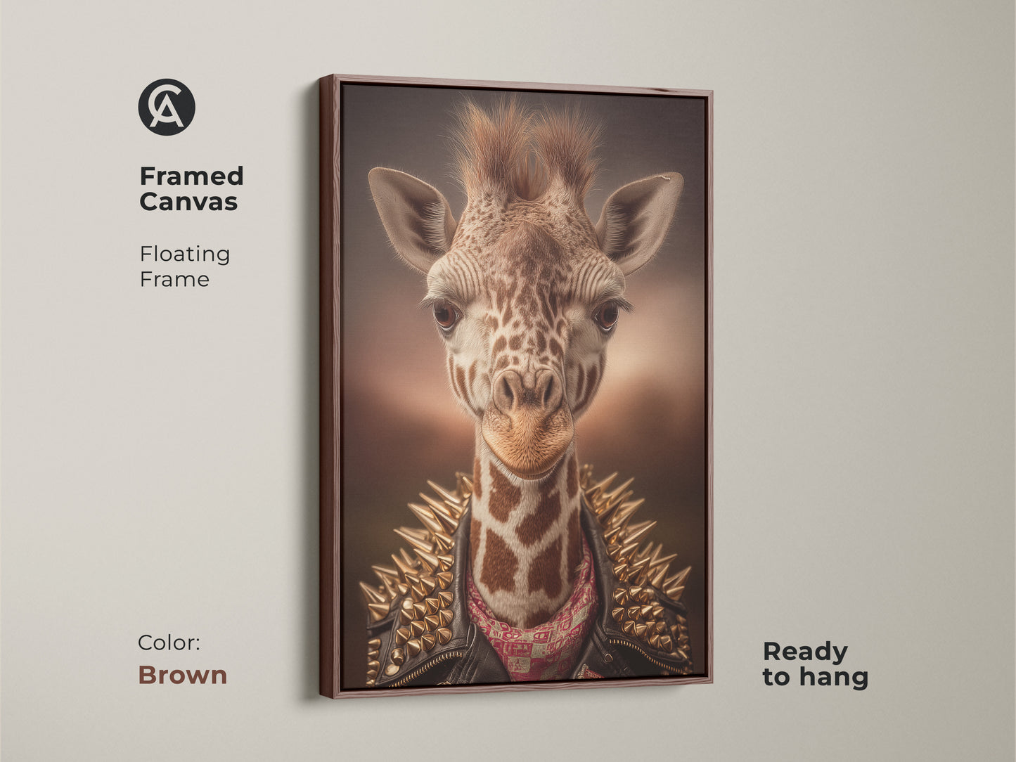 Framed canvas with a floating frame displays a punk rock giraffe. The brown frame enhances the eclectic giraffe art. A studded jacket wall art piece is ready to hang. It's ideal for man cave wall decor. This canvas is a unique home decor gift.