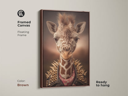 Framed canvas with a floating frame displays a punk rock giraffe. The brown frame enhances the eclectic giraffe art. A studded jacket wall art piece is ready to hang. It's ideal for man cave wall decor. This canvas is a unique home decor gift.