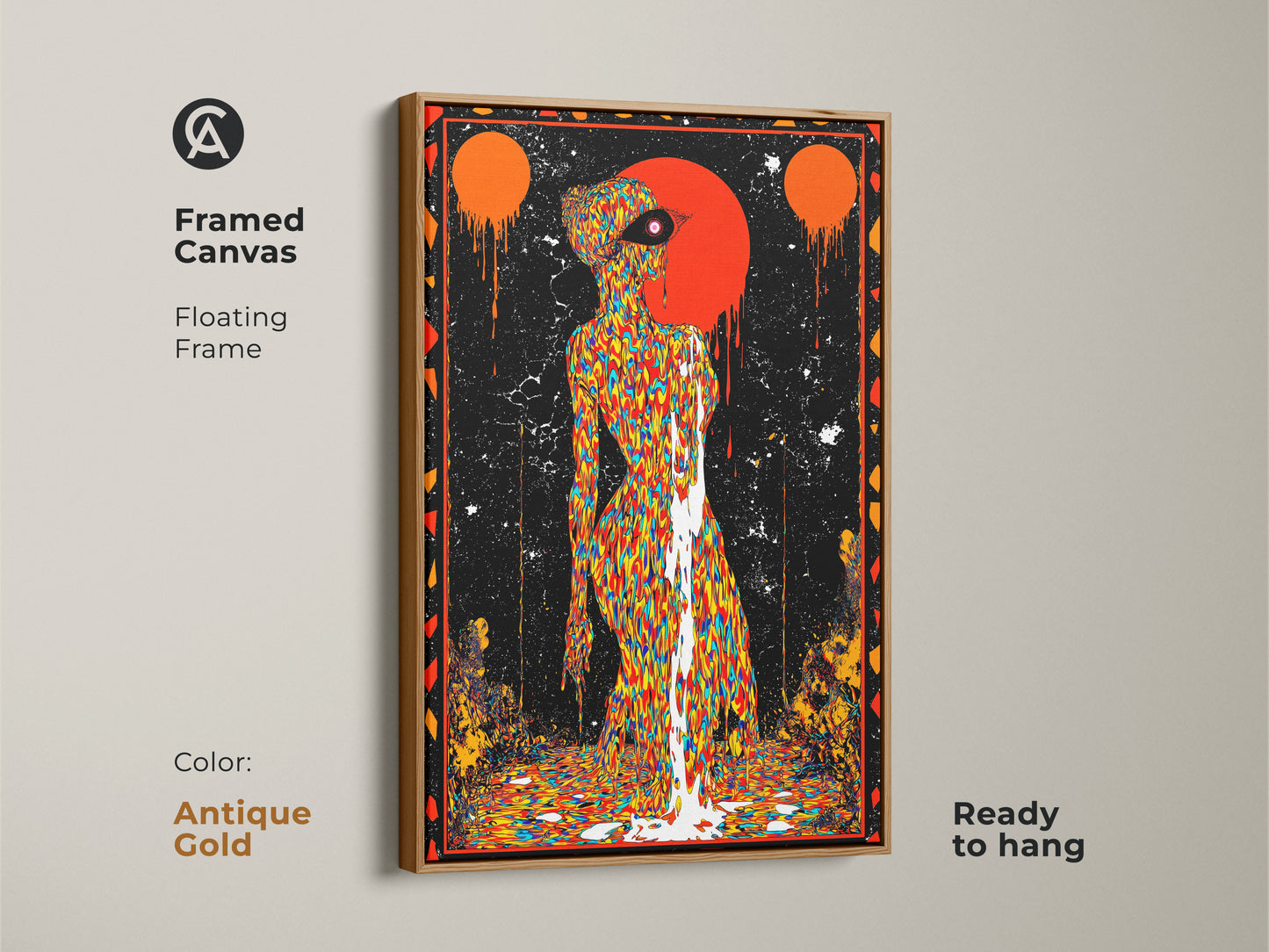 Antique gold framed canvas showing psychedelic figure art. Ready to hang vibrant abstract canvas for any space. This surreal drip effect wall art adds an artistic touch. Eclectic home decor art with orange and black accents. An art deco wall art piece to elevate your home office. Shop now.