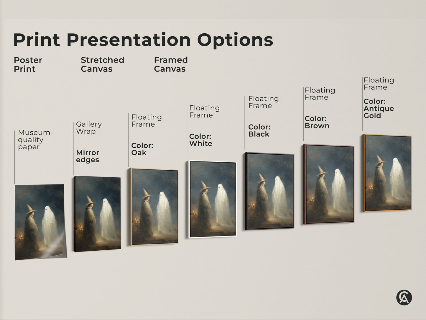 Print presentation options for gothic wizard and ghost art. Choose from poster print stretched canvas or framed canvas. Colors include black brown antique gold white and oak. Find the perfect supernatural fantasy art for your home.
