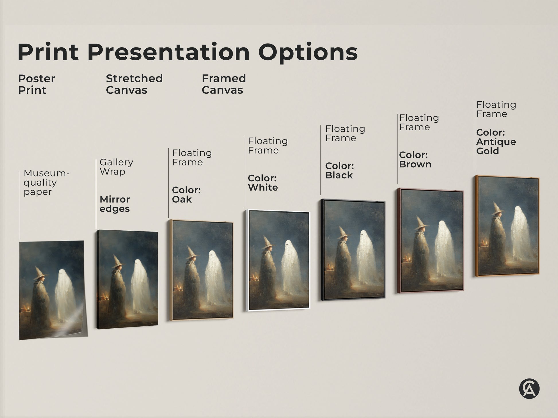 Print presentation options for gothic wizard and ghost art. Choose from poster print stretched canvas or framed canvas. Colors include black brown antique gold white and oak. Find the perfect supernatural fantasy art for your home.