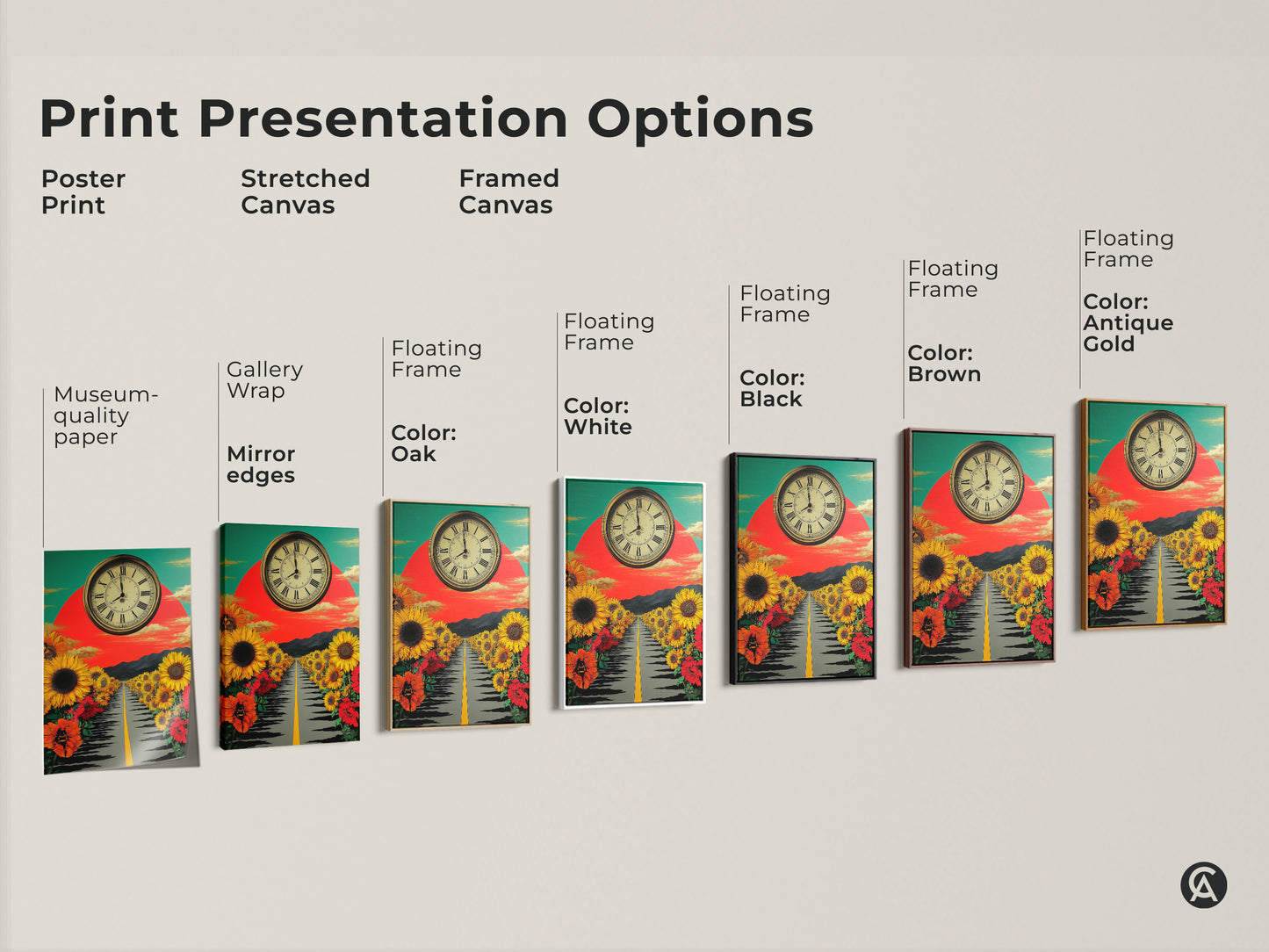 Multiple print presentation options displayed. Stretched canvas framed canvas and poster prints available. Features gallery wrap mirror edges and floating frames. See the sunflower path and clock artwork in various formats.