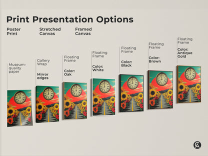 Multiple print presentation options displayed. Stretched canvas framed canvas and poster prints available. Features gallery wrap mirror edges and floating frames. See the sunflower path and clock artwork in various formats.