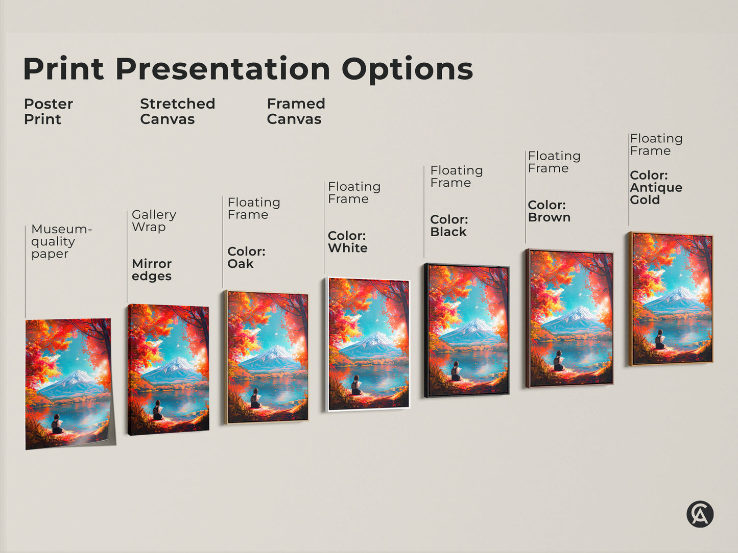 Various print presentation options including poster prints stretched canvas and framed canvas artwork. All display the Mount Fuji and girl reading art. Find the perfect style to match your home decor today.