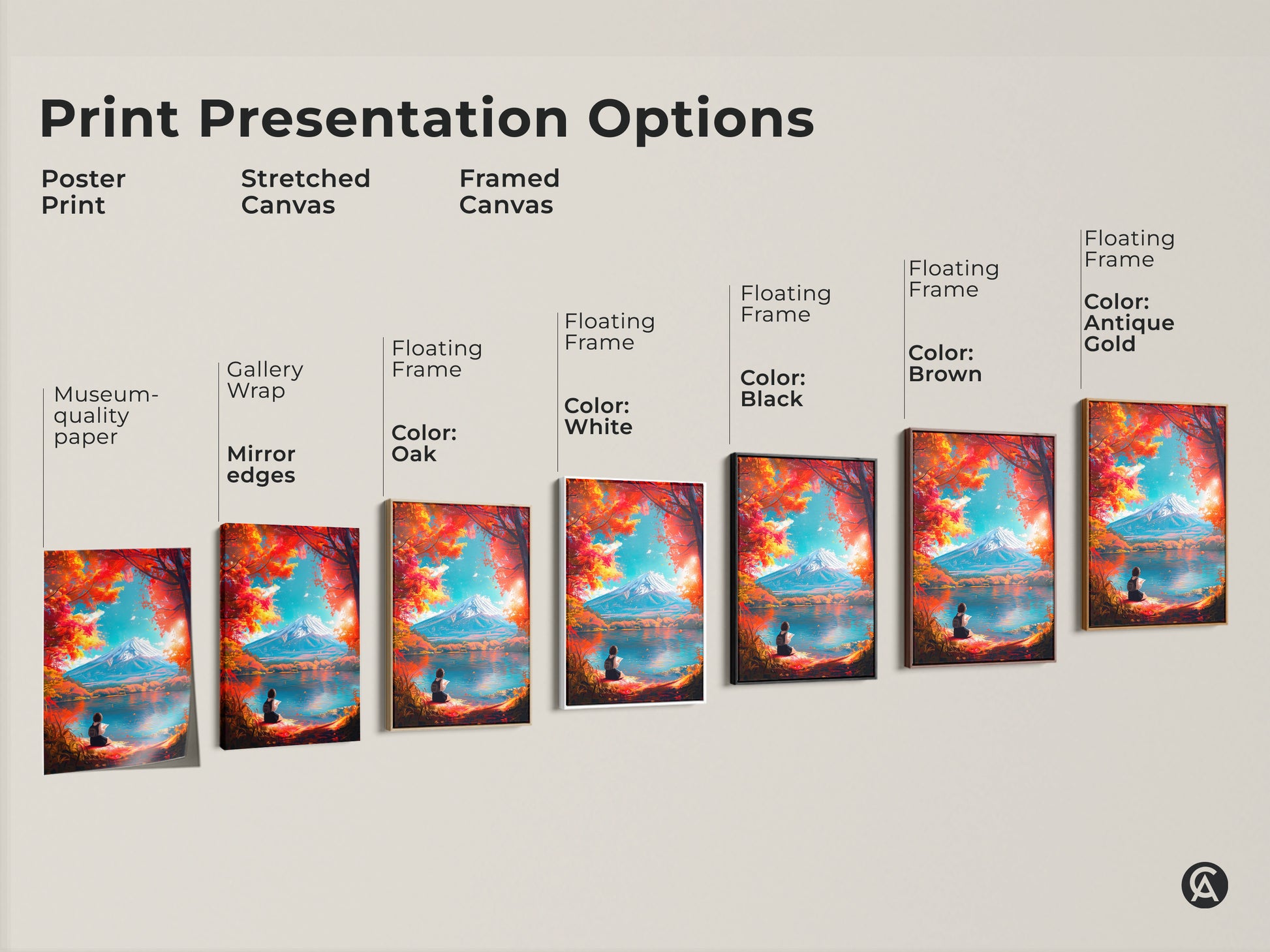 Various print presentation options including poster prints stretched canvas and framed canvas artwork. All display the Mount Fuji and girl reading art. Find the perfect style to match your home decor today.